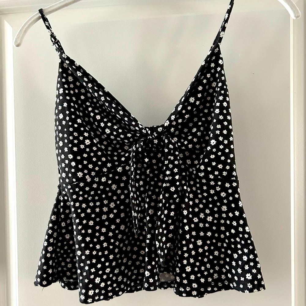 Juniper Blu Ditsy Floral Print Front Tie Crop Top Black Size Small